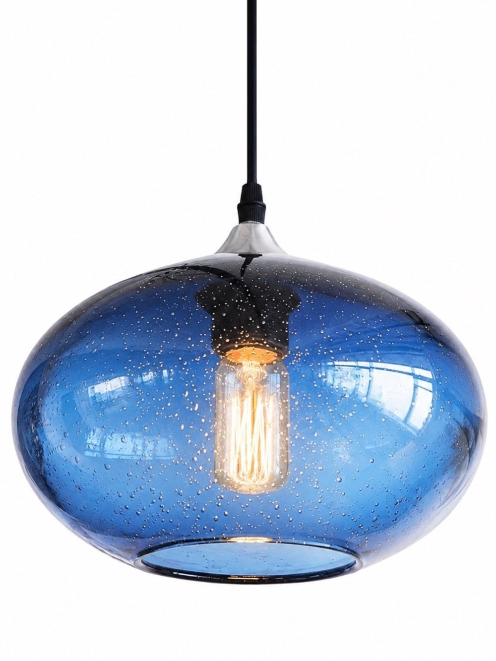 Blue Seeded Glass Pendant Light Modern Hand-Blown Hanging Fixture